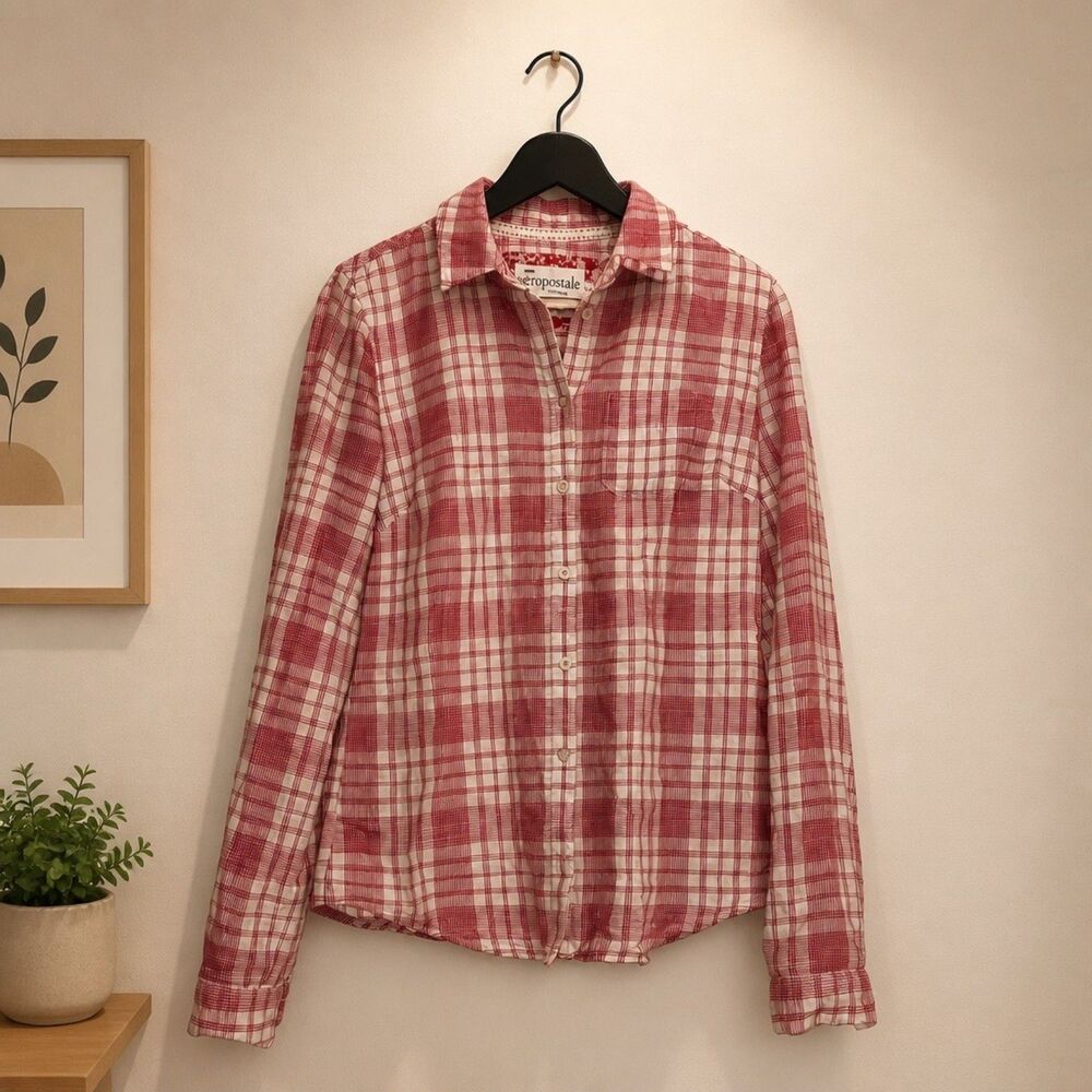 Red Gingham Plaid Button-Down Shirt w Lace up Corset back  junior m or adult XS